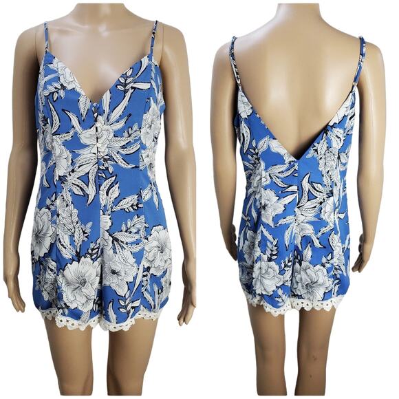 Lovers + Friends Pants - LOVERS + FRIENDS Blue White Floral Open Back Romper